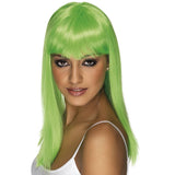 Neon Green Glamourama Wig with long straight hair and blunt fringe – synthetic fibre, perfect for Halloween, anime, or bold costume looks.