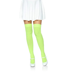 Leg Avenue Neon Green Opaque Thigh Highs – front view showcasing bright neon green colour with a smooth, over-the-knee fit perfect for bold costumes or themed outfits.