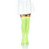 Leg Avenue Neon Green Opaque Thigh Highs – front view in different pose showcasing the bold neon colour and sleek, form-fitting style.