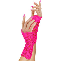 Neon pink lace fingerless gloves for 1980s retro costumes and dance parties