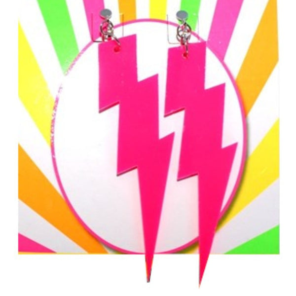 neon lightning earrings in neon pink, clip on.