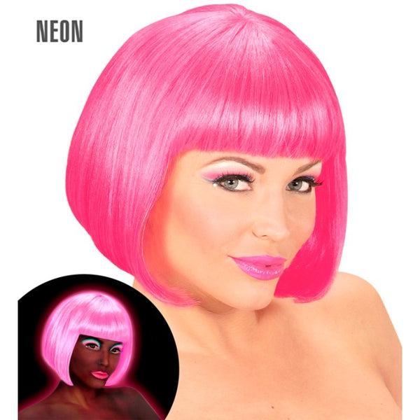 Neon pink bob wig with fringe for festivals, cosplay and costume parties
