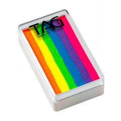 Rectangular face paint tub with neon rainbow stripes on a white background