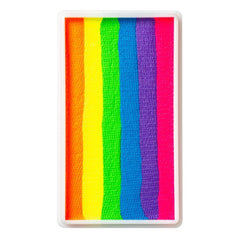 Rectangular face paint tub with neon rainbow stripes on a white background