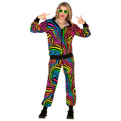 Unisex neon rainbow animalier party fashion tracksuit with jacket and pants, black with neon 80s animal print