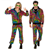 Unisex neon rainbow animalier party fashion tracksuit with jacket and pants, black with neon 80s animal print