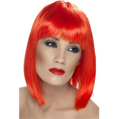 Short neon red blunt bob wig with fringe, ideal for Halloween and costume parties