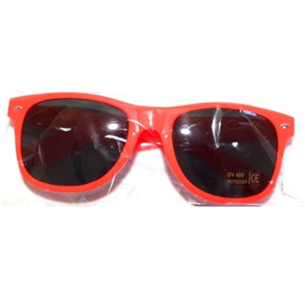 Neon sunglasses in orange with dark lenses.