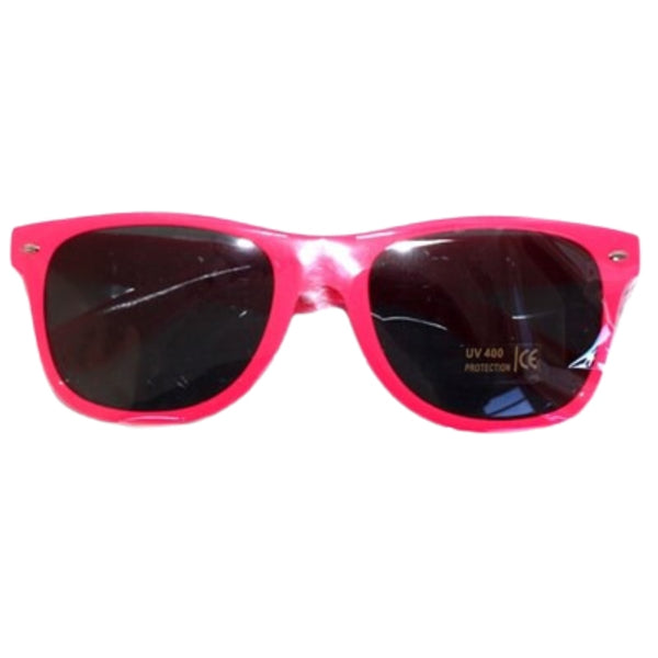 Neon sunglasses in pink with dark lenses.