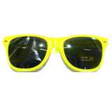 Neon sunglasses in yellow with dark lenses.