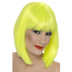 Neon yellow glam wig in short bob style with blunt fringe by Smiffys