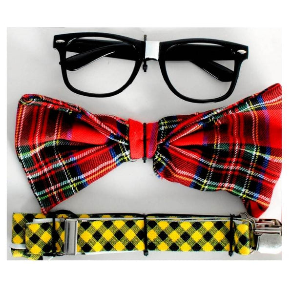 Nerd kit with red plaid bow tie and suspenders