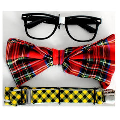 Nerd kit with red plaid bow tie and suspenders