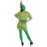 A woman modeling a green elf costume from the back, featuring a short-sleeved green dress with a scalloped hem, a matching green hat with a red feather, bright green tights, and black high heels, set against a plain white background.
