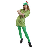 A woman modeling a green Peter Pan-style costume dress with a matching hat, bright green tights, and black shoes against a plain white background.
