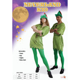 Neverland Kid adult unisex costume with tunic hat tights and rope belt packaging