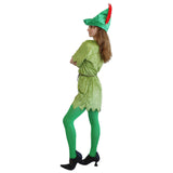 A woman modeling a green Peter Pan costume with a matching pointed hat featuring a red feather, green tights, and black heels, shown from a side-back angle against a plain white background.