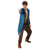 Newt Scamander adult costume front view blue coat and wand