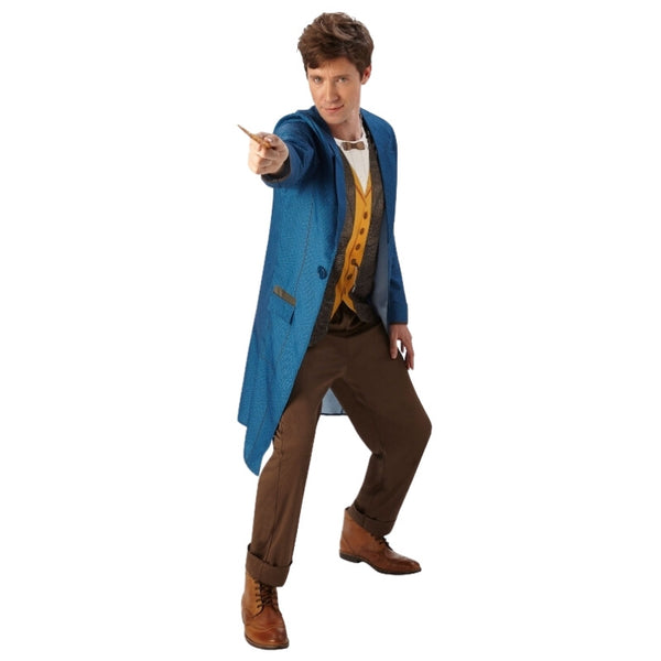 Newt Scamander adult costume front view blue coat and wand