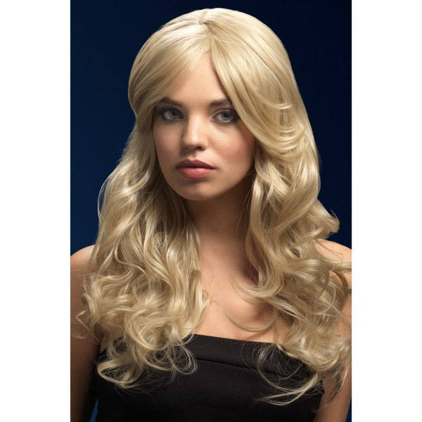 Nicole long dark blonde wavy wig with side part and faux skin crown, 66cm heat-resistant synthetic wig