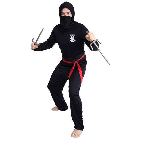 Adult Ninja Costume with black hood, red sash, and Asian chest symbol – Dr Toms