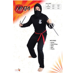 Adult Ninja Costume with black hood, red sash, and Asian chest symbol – Dr Toms