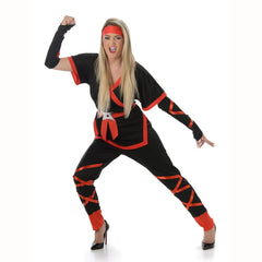 Ninja Girl Female Costume, black with red accents, jacket, leggings, sash, headband and gloves.