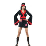 Ninja ladies costume in black and red short dress with red accents and symbols.