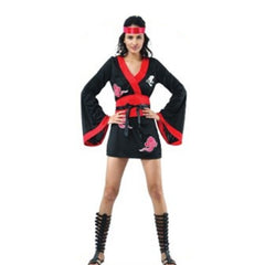 Ninja ladies costume in black and red short dress with red accents and symbols.