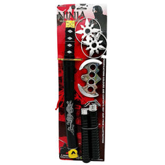 Ninja Weapons Set featuring a 42cm plastic sword, nunchucks, and two ninja stars, perfect for costume parties and imaginative play.