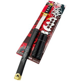 Close-up of ninja weapons set showing plastic sword, nunchucks and ninja stars for costume use