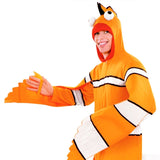 Close-up of clown fish costume showing fish face hood and orange striped design