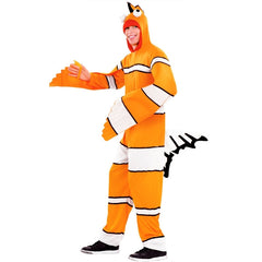 Adult clown fish costume with orange and white jumpsuit and attached fish hood