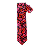 Black novelty tie with red and pink lipstick kiss pattern