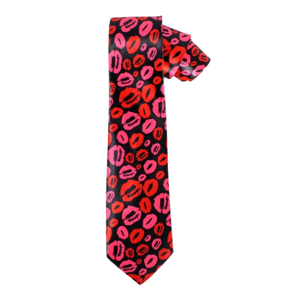 Black novelty tie with red and pink lipstick kiss pattern