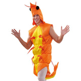 Close-up of novelty prawn costume showing orange padded body and front zip