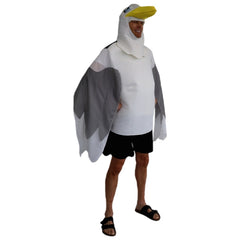 Novelty seagull adult costume with white tunic wings and seagull hood front view