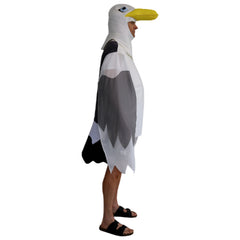 Novelty seagull adult costume with white tunic wings and seagull hood front view