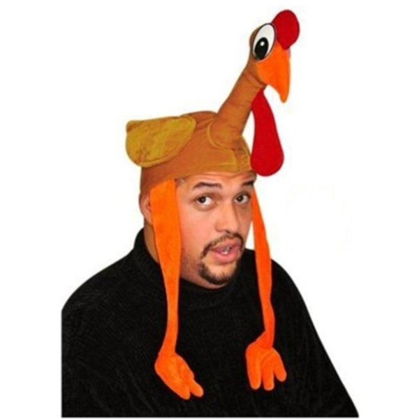 Front view of Novelty Turkey Hat featuring full turkey design with wings and legs – plush costume hat for adults.