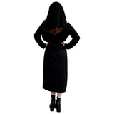 back view of person wih black dress and headpiece for a nun halloween costume