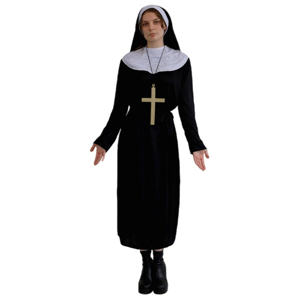 person wearing a nun halloween costume with a black dress, white collar, big cross necklace and a nun habit style headpeice