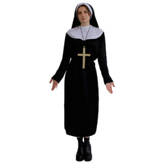 person wearing a nun halloween costume with a black dress, white collar, big cross necklace and a nun habit style headpeice
