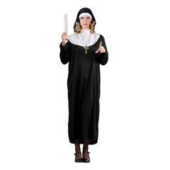 Adult nun costume with long black dress, white collar and headdress