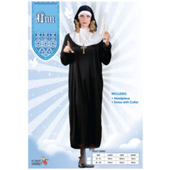Adult nun costume with long black dress, white collar and headdress