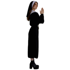 person wearing a nun halloween costume with a black dress, white collar, big cross necklace and a nun habit style headpeice