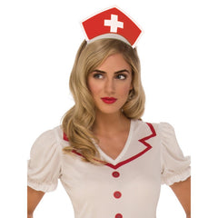 Adult nurse costume with red and white dress and headpiece