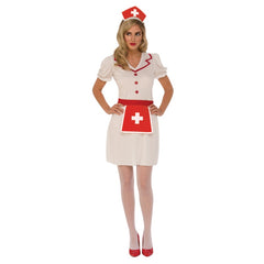 Adult nurse costume with red and white dress and headpiece