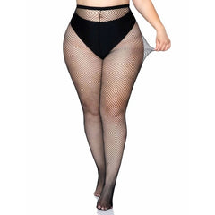 Leg Avenue Plus Size Black Nylon Fishnet Pantyhose – front view featuring a classic fishnet pattern with a full-length, curve-hugging fit.