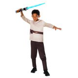 A child modeling a Star Wars Rebel Alliance costume, featuring a beige tunic with a brown sash, dark brown pants, and black shoes, while holding a toy lightsaber with a glowing blue blade against a white background.
