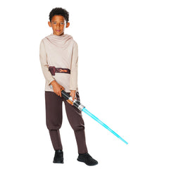 Child wearing an officially licensed Obi-Wan Kenobi Star Wars costume with tunic and toy lightsaber, ideal for Book Week, May the 4th and Halloween